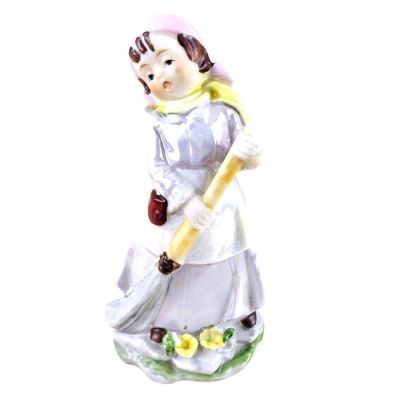 Vintage Morrison Porcelain Girl Figurine Sweeping with Broom Lusterware Finish - Picture 1 of 12